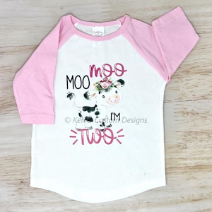 Moo Moo I&#39;m TWO Birthday Shirt, Girls&#39; 2nd Birthday Shirt, Cow 2nd Birthday Shirt, Girl Cow Birthday Shirt, Farm Themed Birthday Shirt