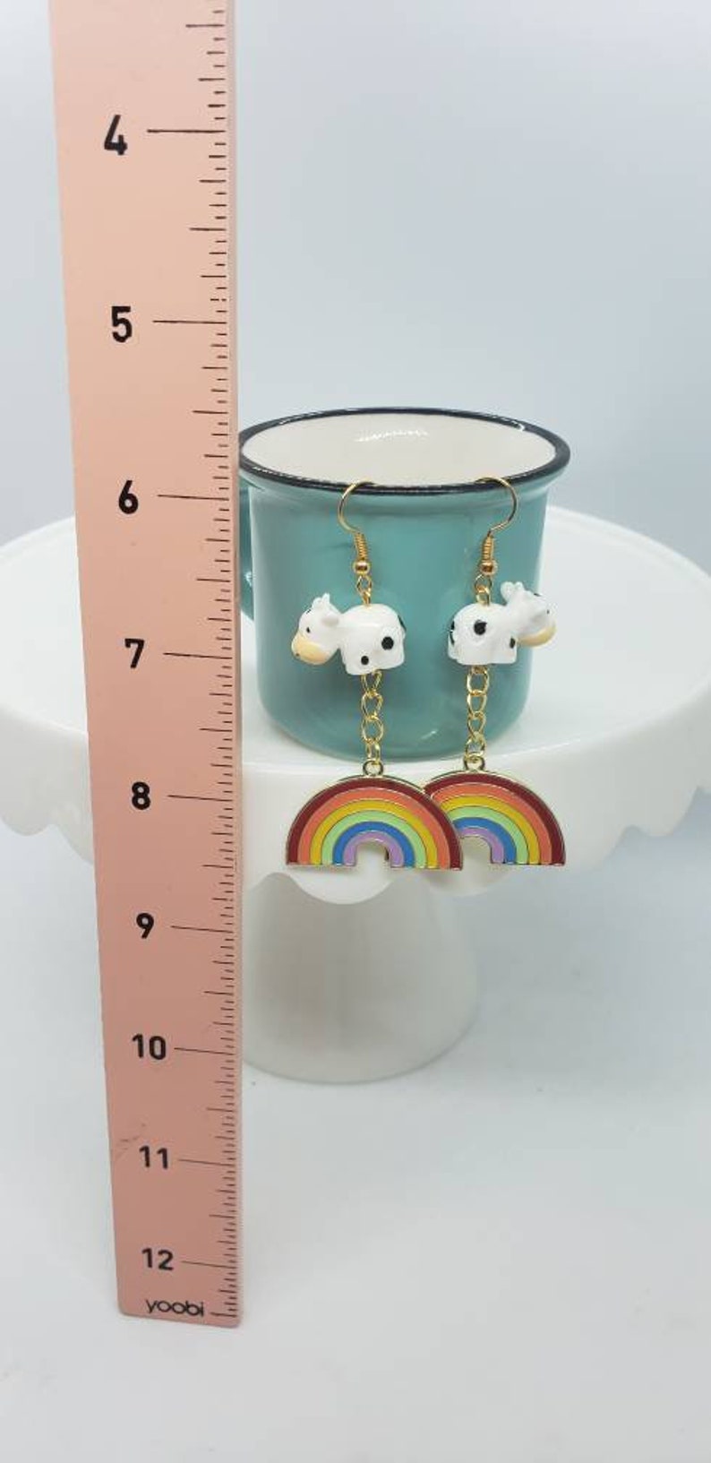 Tiny Cow Jumping Over the Rainbow Dangle Earrings