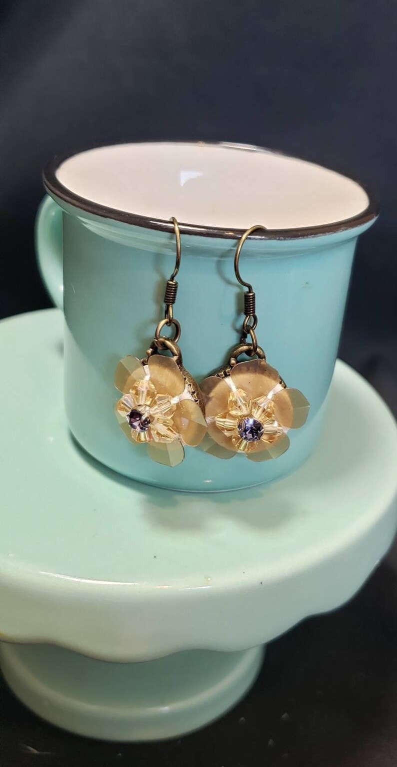 Tan Iridescent Dangle Flower Earrings
