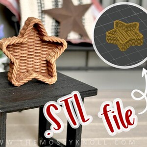 May include: A miniature star-shaped basket made of woven material, sitting on a small black table. The basket has a detailed texture and a light brown color. The image also includes a 3D rendering of the basket and the text "STL file".