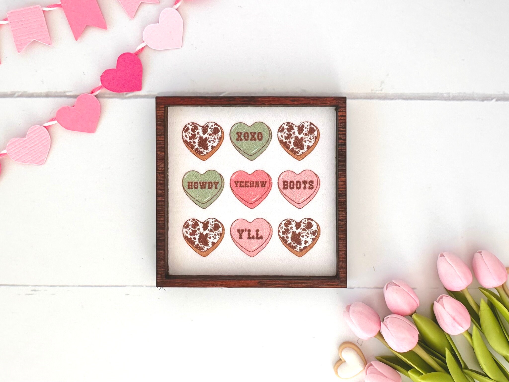 Wood Framed Miniature Sign | Tiered Tray Décor | Handmade in U.S.A. - Cowgirl Conversation Hearts