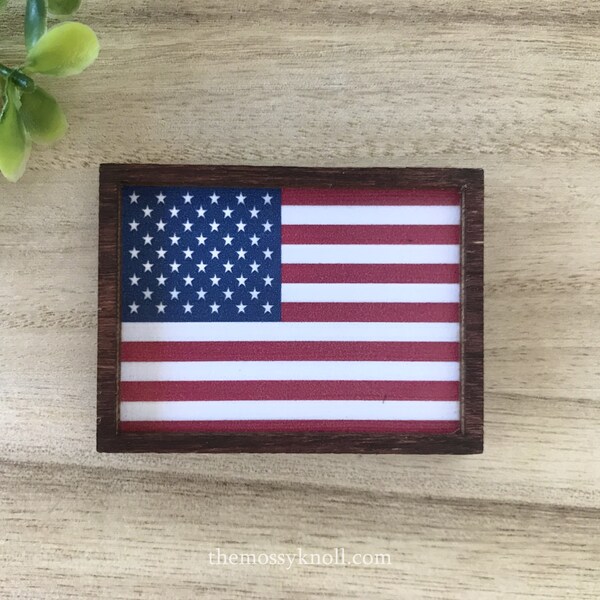 Wood Framed Miniature Sign | Farmhouse Type | Tiered Tray Décor | Handmade in U.S.A. - American Flag