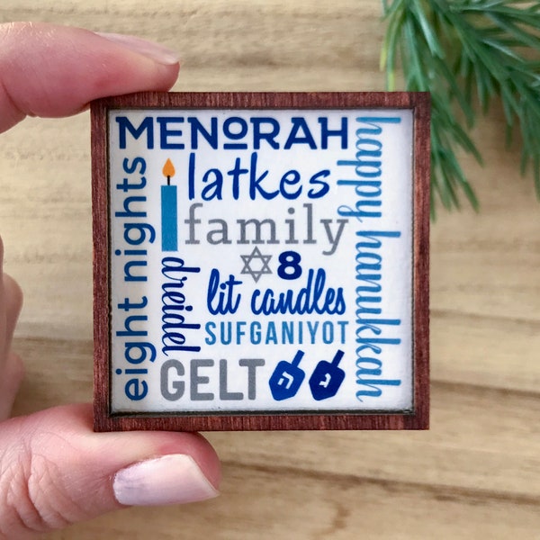 Wood Framed Miniature Sign | Tiered Tray Décor | Ornament Option - Happy Hanukkah Subway Art