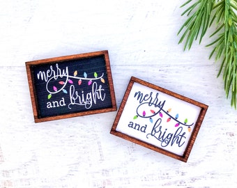 Wood Framed Miniature Sign | Tiered Tray Décor | Christmas Ornament Option - Merry and Bright Christmas Lights