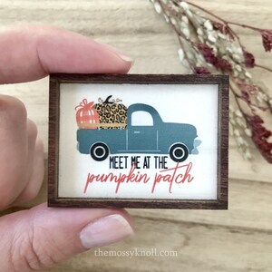 May include: A blue pickup truck with a red and orange pumpkin and a leopard print pumpkin in the bed. The truck is on a white background with the text "Meet me at the pumpkin patch" in red and blue lettering.
