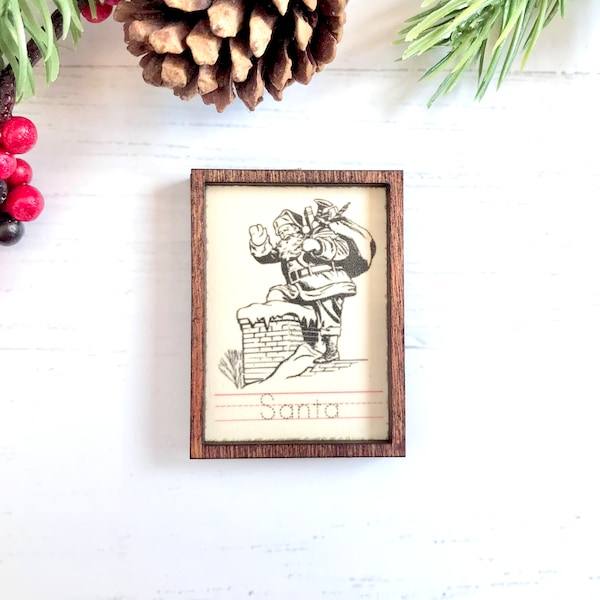 Wood Framed Miniature Sign | Farmhouse Type | Tiered Tray Décor | Handmade in U.S.A. | Ornament Option - Vintage Santa On Roof