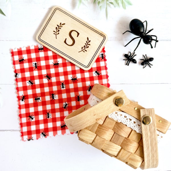 Miniature Ants & Gingham Picnic Basket | 6 Piece Set | Tiered Tray Decor | Handmade in U.S.A.