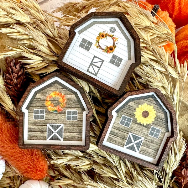 Wood Framed Miniature Sign | Farmhouse Type | Tiered Tray Décor | Handmade in U.S.A. - Extra Mini Autumn Barns With Magnet