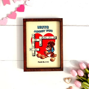 Wood Framed Miniature Sign | Farmhouse Type | Tiered Tray Décor | Handmade in U.S.A. - Nuts About You Crossword Puzzle • Vintage Card