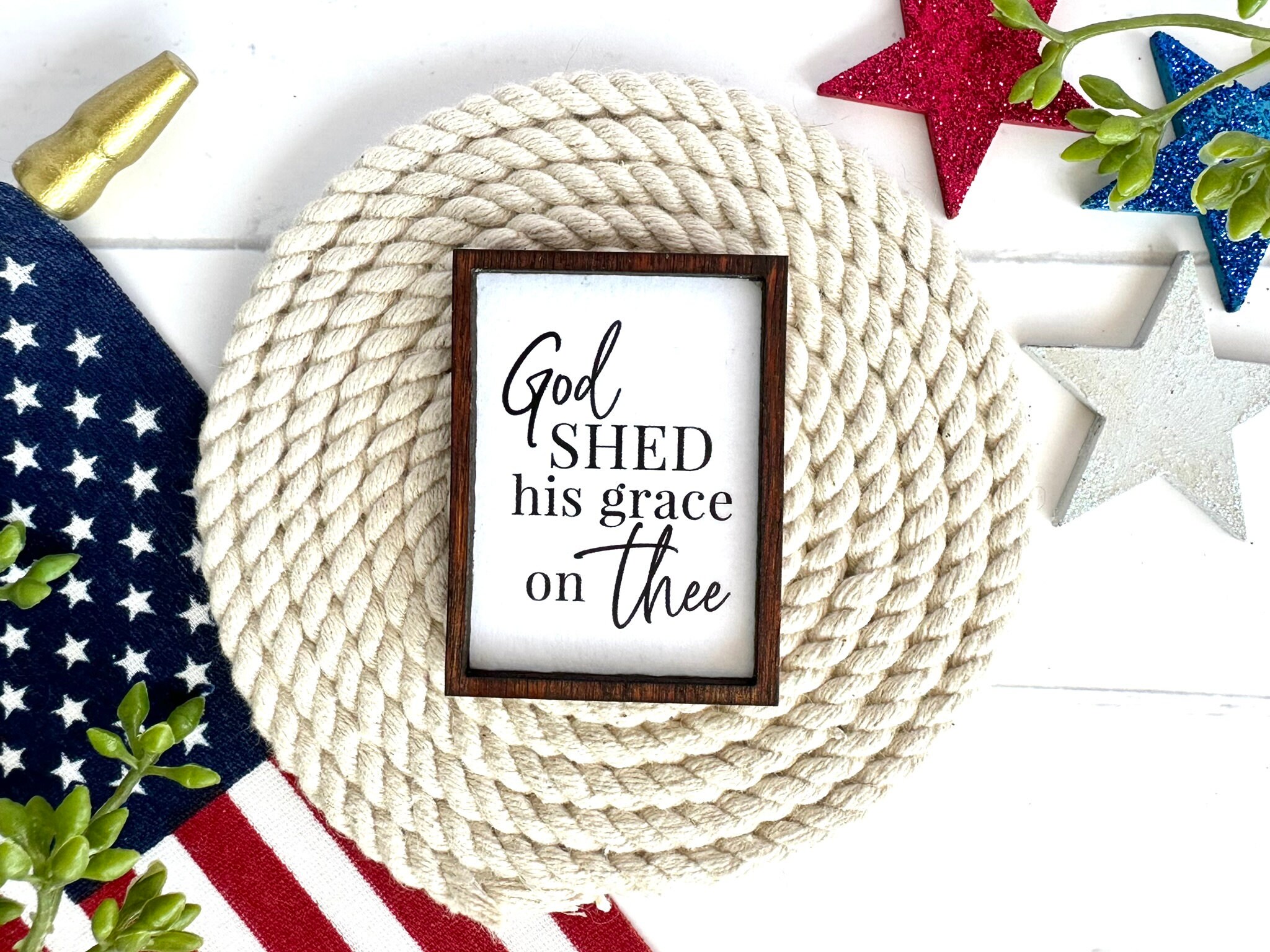 Wood Framed Miniature Sign | Farmhouse Type | Tiered Tray Décor | Handmade in U.S.A. - God Shed His Grace On Thee
