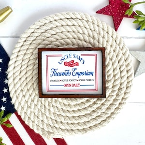 Wood Framed Miniature Sign | Farmhouse Type | Tiered Tray Décor- Uncle Sam&#39;s Fireworks Emporium ᛫ Sparklers ᛫ Bottle Rockets ᛫ Roman Candles