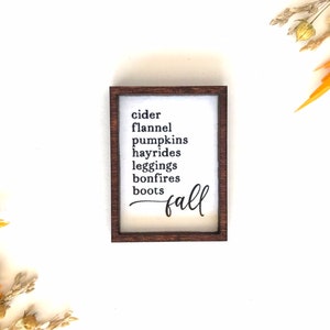 Wood Framed Miniature Sign | Farmhouse Type | Tiered Tray Décor | Handmade - Fall Favorites • Cider • Flannel • Pumpkins • Hayrides