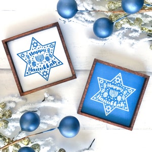 Wood Framed Miniature Sign | Tiered Tray Décor | Handmade in U.S.A. | Ornament Option - Happy Hanukkah