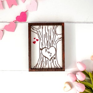 Custom Heart Carved Tree • Your Initials | Wood Framed Miniature Sign | Tiered Tray Décor | Handmade in U.S.A.