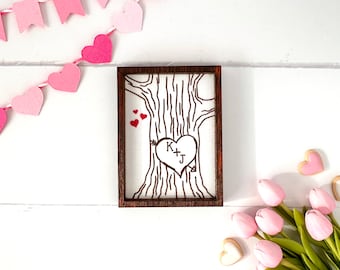 Custom Heart Carved Tree • Your Initials | Wood Framed Miniature Sign | Tiered Tray Décor | Handmade in U.S.A.
