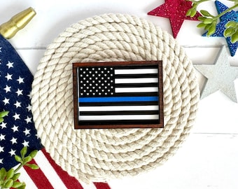 Thin Blue Line American Flag Wood Framed Miniature Sign | Choose Your Size | Ornament + Magnet Option | Tiered Tray Décor | Handmade in USA