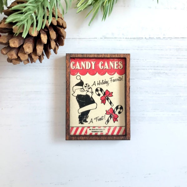 Wood Framed Miniature Sign | Farmhouse Type | Tiered Tray Décor | Handmade in U.S.A. | Ornament Option - Vintage Santa Candy Canes