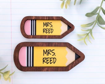 Custom Wood Framed Miniature Sign | Farmhouse Type | Tiered Tray Décor | Handmade in U.S.A. - Pencil Shaped Teacher Name Sign
