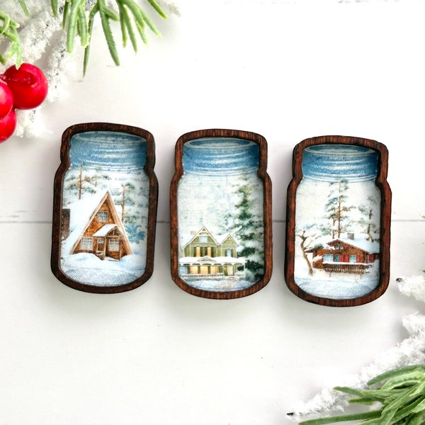 Wood Framed Miniature Sign | Farmhouse Type | Tiered Tray Décor | Handmade in U.S.A. - Extra Mini Cabin Mason Jar Snow Globe With Magnet