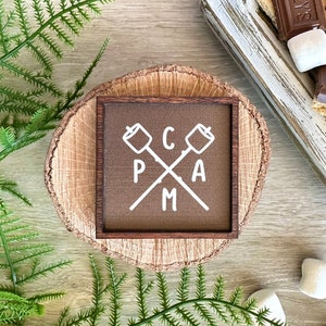 Wood Framed Miniature Sign | Farmhouse Type | Tiered Tray Décor | Handmade in U.S.A. - Camp • Marshmallows On A Stick • S'mores