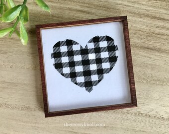 Wood Framed Miniature Sign | Farmhouse Type | Tiered Tray Décor | Handmade in U.S.A. - Buffalo Plaid Heart