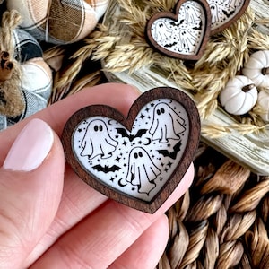 Wood Framed Miniature Sign | Farmhouse Type | Tiered Tray Décor | Handmade in U.S.A. - Extra Mini Ghost + Bat Hearts With Magnet
