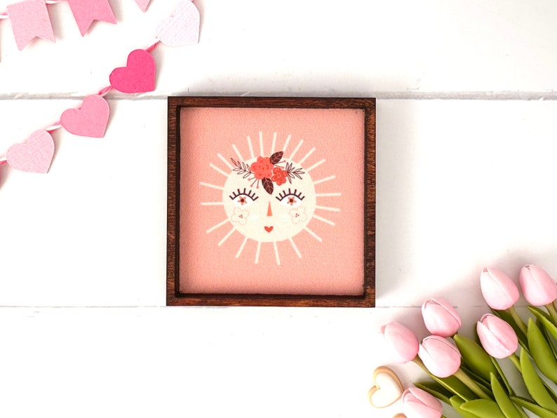 Wood Framed Miniature Sign Tiered Tray Décor Handmade in U.S.A. Ornament Option Boho Floral Sun image 1