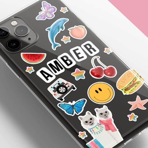 Aangepaste naamsticker stijl duidelijk telefoonhoesje voor iPhone 16 15 14 13 12 Samsung Galaxy S25 S24 S23 monogram gepersonaliseerd duidelijk hoesje TPU hybride
