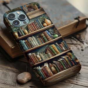 May include: A phone case with a bookshelf design featuring a variety of colorful books. The case has a wooden texture and a camera cutout.