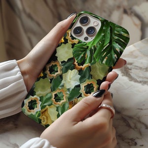 Green Art Deco Marble Phone Case for iPhone 16 15 14 13 12 11 Samsung Galaxy S24 S23 S22 Google Pixel 9 8 7 MagSafe Case Exotic Floral Gift