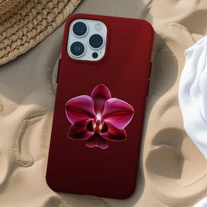 Coque de portable orchidée bordeaux pour iPhone 16e 16 15 14 13 12 11 Samsung Galaxy S25 S24 S23 S22 S21 S20 Pixel 9 Coque MagSafe fleurs cadeau