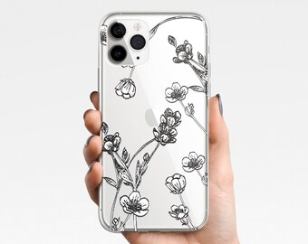 Floral Clear Case iPhone 17e 17 16e 16 15 14 13 12 11 Samsung Galaxy S26 S25 S24 S23 S22 S21 Floral Case TPU Hybrid schwarz weiß miniamalist