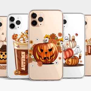 Autumn Halloween Clear Phone Case iPhone 17 16e 16 15 14 13 12 11 Samsung Galaxy S25 S24 S23 S22 S21 Pumpkin Ghost Coffee fall transparent