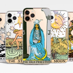 Tarotkaarten mix asthetisch helder telefoonhoesje iPhone 16e 16 15 14 13 12 Samsung S25 S24 S23 S22 maan esoterische ster heks dwaas hoesje TPU hybride
