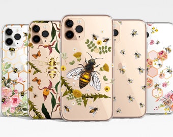 Bee Floral Clear Phone Case iPhone 17e 17 16e 16 15 14 13 12 11 Samsung Galaxy S26 S25 S24 S23 S22 S21 transparent TPU Hybrid, honeycomb