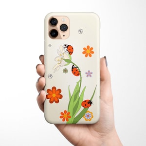 Schattige lieveheersbeestje bloemen telefoonhoesje voor iPhone 16 15 14 13 12 11 XR Samsung Galaxy S25 S24 S23 Ultra S22, S21 S20 Note 20 Insect telefoonhoesje