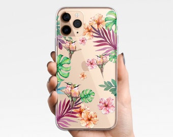 Hummingbird Tropical Clear Phone Case for iPhone 15 14 Pro Max 13 12 Samsung Galaxy S24 S23 S22 Ultra S21 S20 Clear Case TPU Hybrid, leaves,