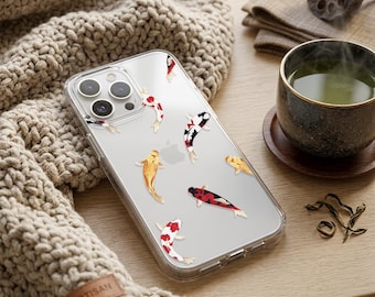 Koi Fish Clear Phone Case iPhone 17e 17 16e 16 15 14 13 12 Samsung Galaxy S26 S25 S24 S23 S22 S21 animal, minimalist japanese TPU Hybrid