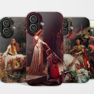 May include: Phone cases with prints of classic artworks. The cases depict medieval scenes, including a woman in a long white dress, a knight kneeling, and a king on a white horse. The art has a vintage, painterly style.