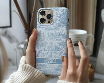 Custom Name Blue Toile Phone Case iPhone 17e 17 16e 16 15 14 13 12 11 MagSafe Samsung Galaxy 26 S25 S24 S23 S22 Google Pixel 10 French gift