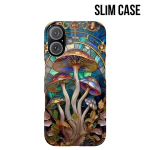 May include: A slim phone case featuring a colorful mushroom design. The case has a stained glass effect with vibrant hues of blue, purple, and gold. The text "SLIM CASE" is printed at the top.