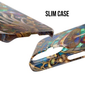 May include: A slim phone case with a colorful, abstract design. The case is made of a glossy material and features a mix of brown, blue, and green hues. The words "SLIM CASE" are printed in bold, black letters.
