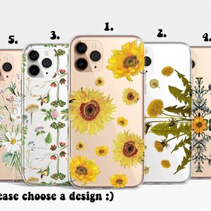 May include: Five different phone case designs featuring floral patterns. The designs include sunflowers, dandelions, and a variety of other wildflowers. The text "Please choose a design :)" is at the bottom of the image.