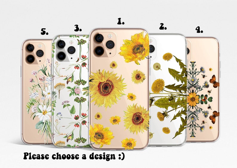 May include: Five different phone case designs featuring floral patterns. The designs include sunflowers, dandelions, and a variety of other wildflowers. The text "Please choose a design :)" is at the bottom of the image.