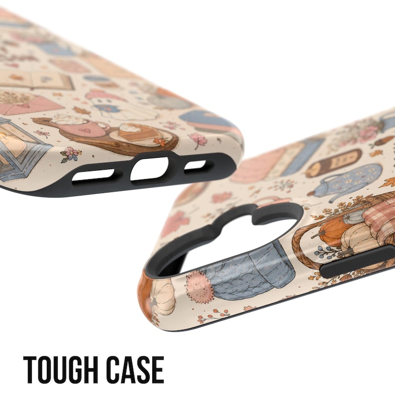 May include: A phone case with a cream background featuring a repeating pattern of autumn-themed illustrations including pumpkins, hot beverages, books, and knitted hats. The case has a black inner lining and precise cutouts for ports and camera.