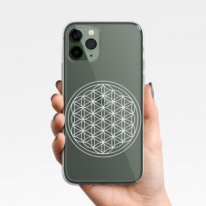 May include: A clear phone case with a green background and a white flower of life design.