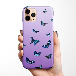 Funda de mariposa lavanda para iPhone 17, 16e, 16, 15, 14, 13, 12, 11, 12 Mini, Samsung Galaxy S25, S24, S23, S22, S22 Ultra, S21, S20, mariposas primaverales
