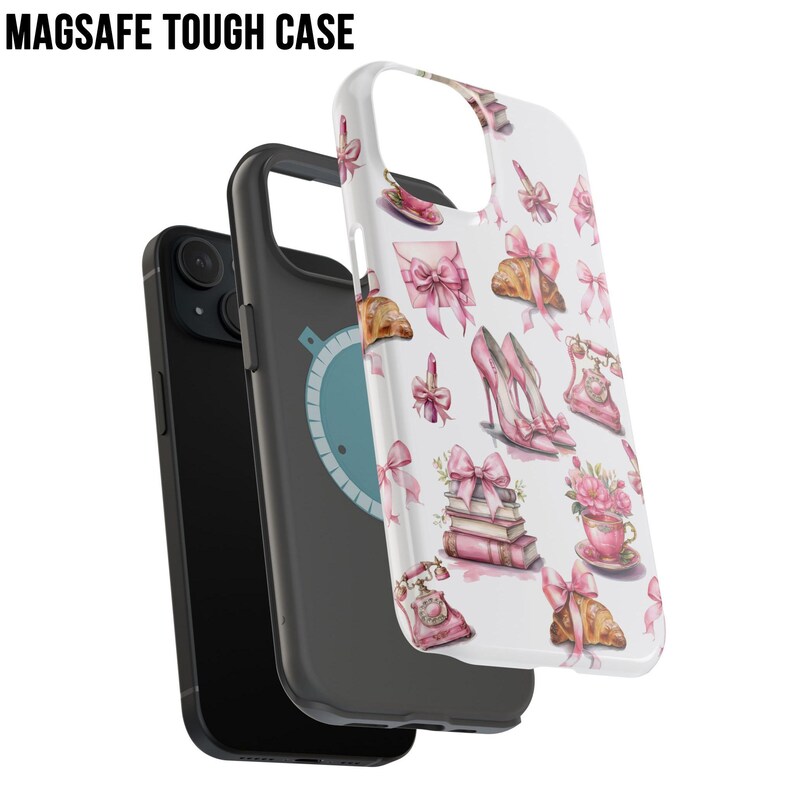 Pode incluir: Uma capa de telefone branca com um padr&atilde;o de la&ccedil;os rosa e saltos altos. O texto "MAGSAFE TOUGH CASE" &eacute; vis&iacute;vel. Uma capa de telefone preta e um telefone preto est&atilde;o atr&aacute;s da capa branca.