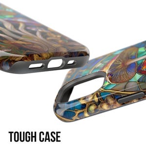 May include: Two phone cases with a colorful, stained-glass-like design. The cases feature a mix of brown, blue, and gold hues, with a dark gray border. The text "TOUGH CASE" is printed in bold, black letters at the bottom.
