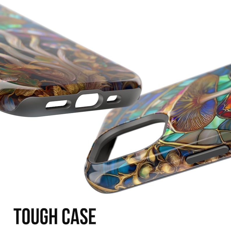 May include: Two phone cases with a colorful, stained-glass-like design. The cases feature a mix of brown, blue, and gold hues, with a dark gray border. The text "TOUGH CASE" is printed in bold, black letters at the bottom.